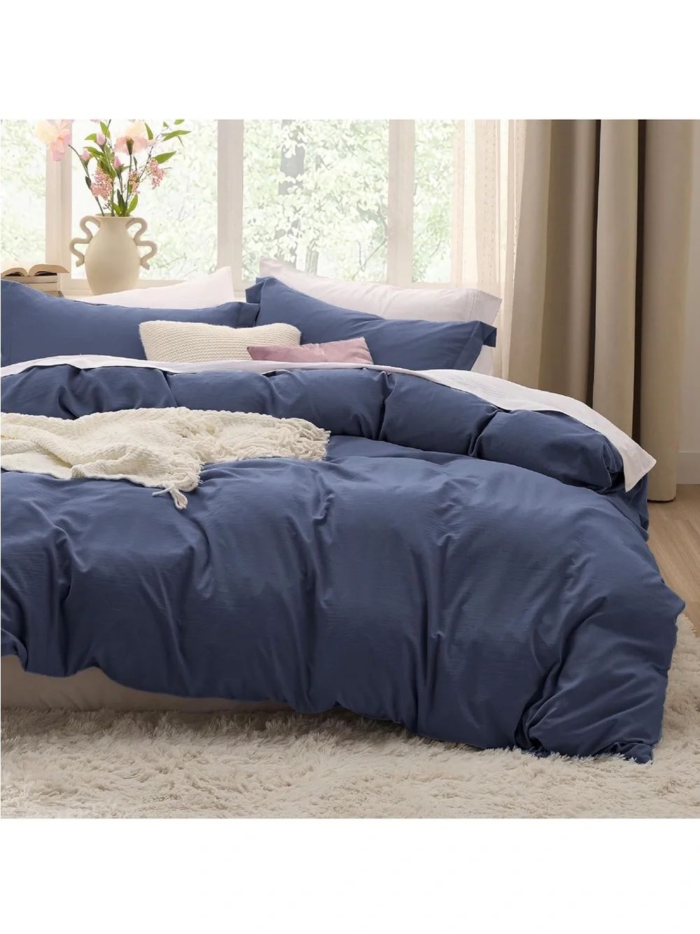 NEW Bedsure Prewashed Duvet Cover King, Cotton-Like Soft Bedding Set, Navy